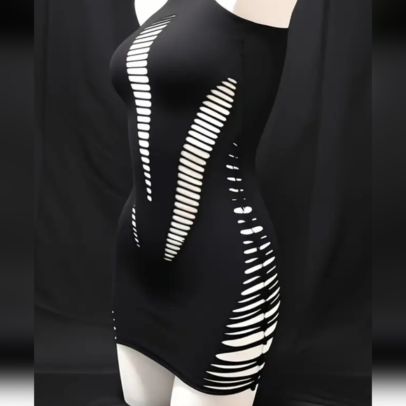 Black Stretchy Bodystocking Mini Dress W/Crazy Slash Style Cut Outs (OS) - Picture 13 of 16
